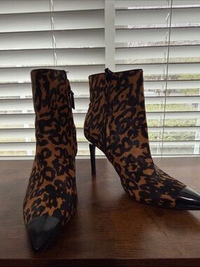 Leopard Print Pointed Toe Ankle Boots - Brown/Black